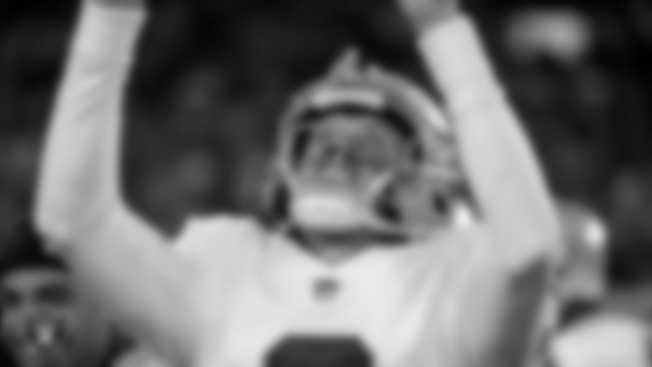 Las Vegas Raiders kicker Daniel Carlson (2) celebrates after kicking a game-winning 48-yard field goal during the regular season away game against the Cleveland Browns.