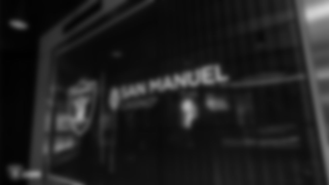 A display with the Raiders and San Manuel Casino's logo commemorates San Manuel Band of Mission Indians' new partnership with Allegiant Stadium and the Raiders at private event.