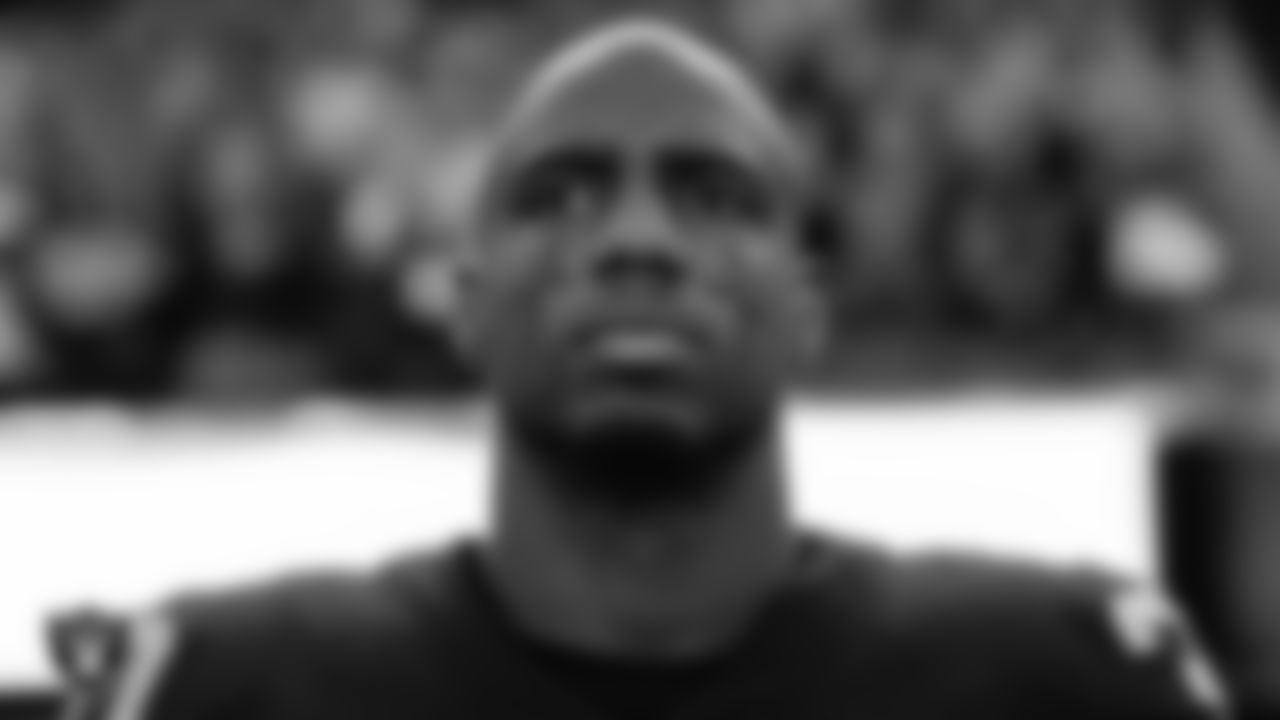 Las Vegas Raiders safety Duron Harmon (30) during the national anthem before the regular season home game against the San Francisco 49ers at Allegiant Stadium.