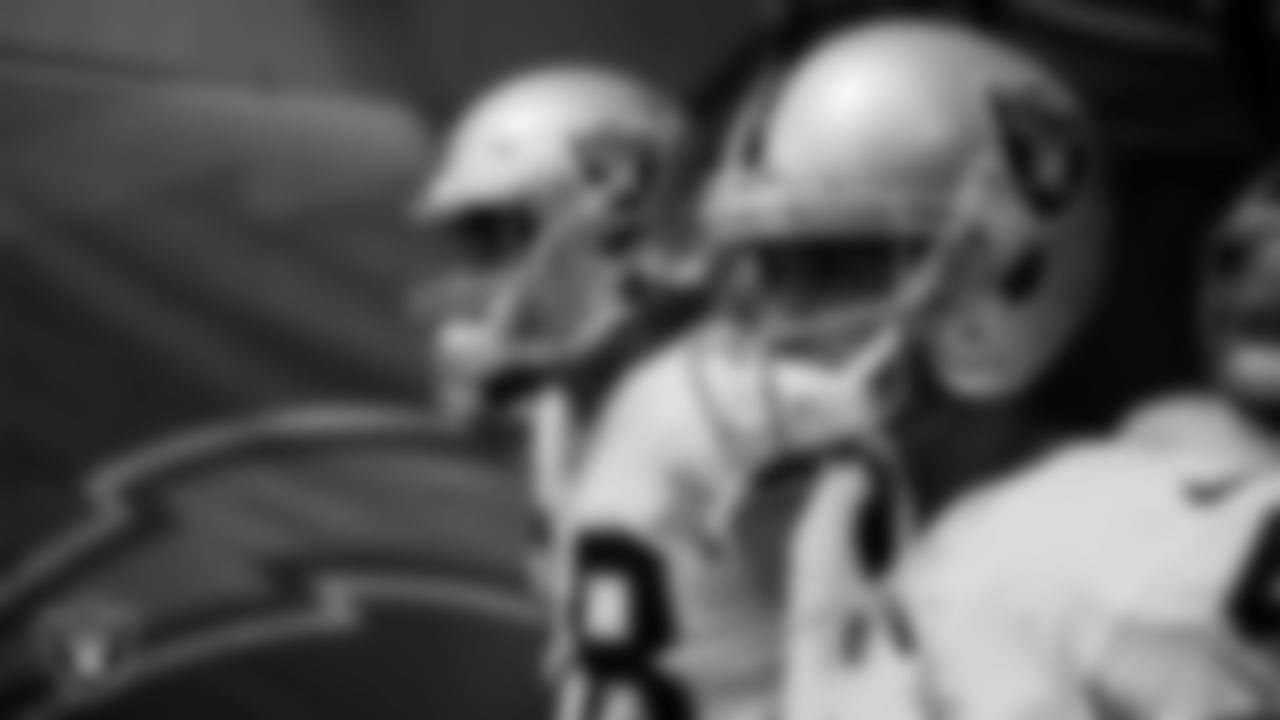 Las Vegas Raiders quarterback Derek Carr (4) waits to be introduced onto the field before the regular season away game against the Los Angeles Chargers at SoFi Stadium.