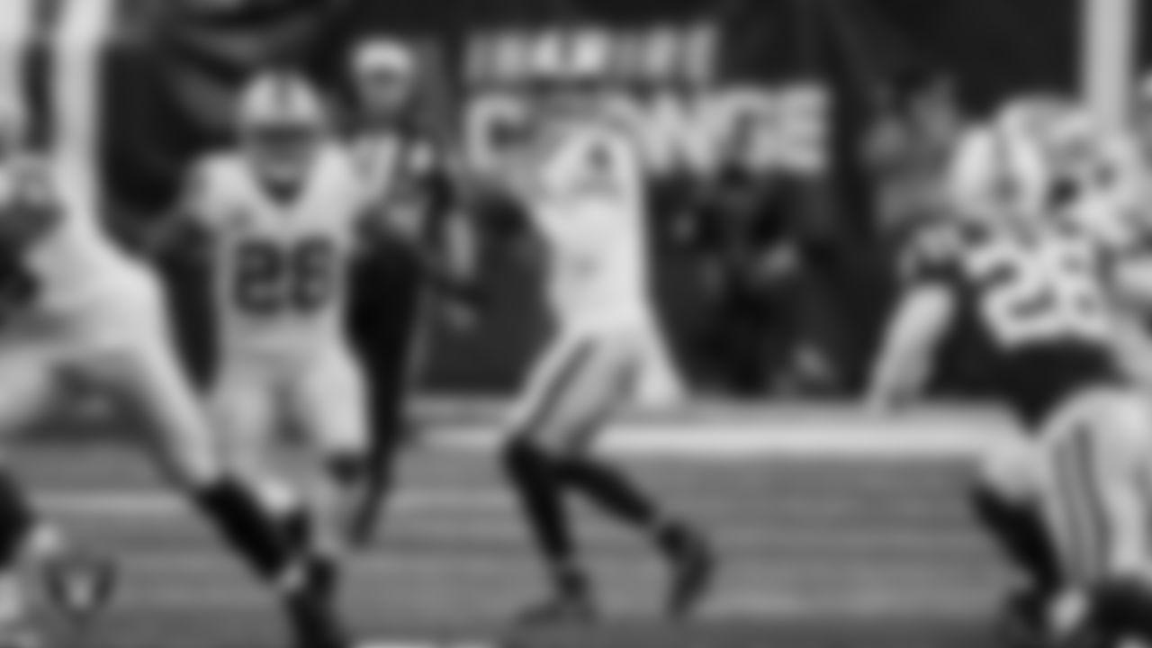 Las Vegas Raiders quarterback Derek Carr (4) looks for a receiver during the regular season away game against the Indianapolis Colts.