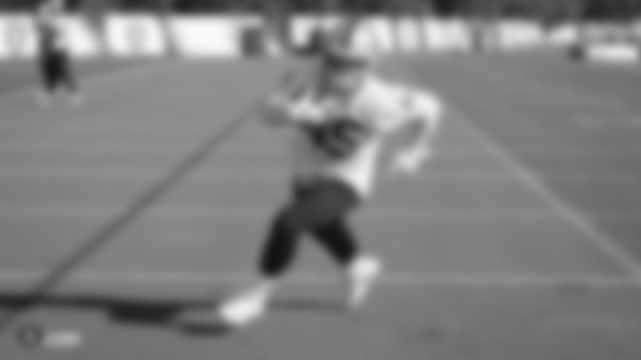 Raiders fullback Alec Ingold (45) runs after making a catch during practice.