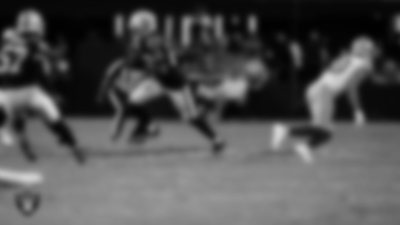 Las Vegas Raiders cornerback Sam Webb (27) runs after intercepting a pass during the preseason home game against the San Francisco 49ers at Allegiant Stadium.