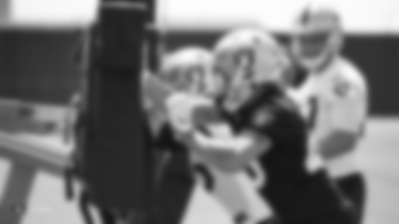 Raiders linebacker Koa Farmer (46) at an Organized Team Activity (OTA) at the Raiders Practice Facility in Alameda, Calif.