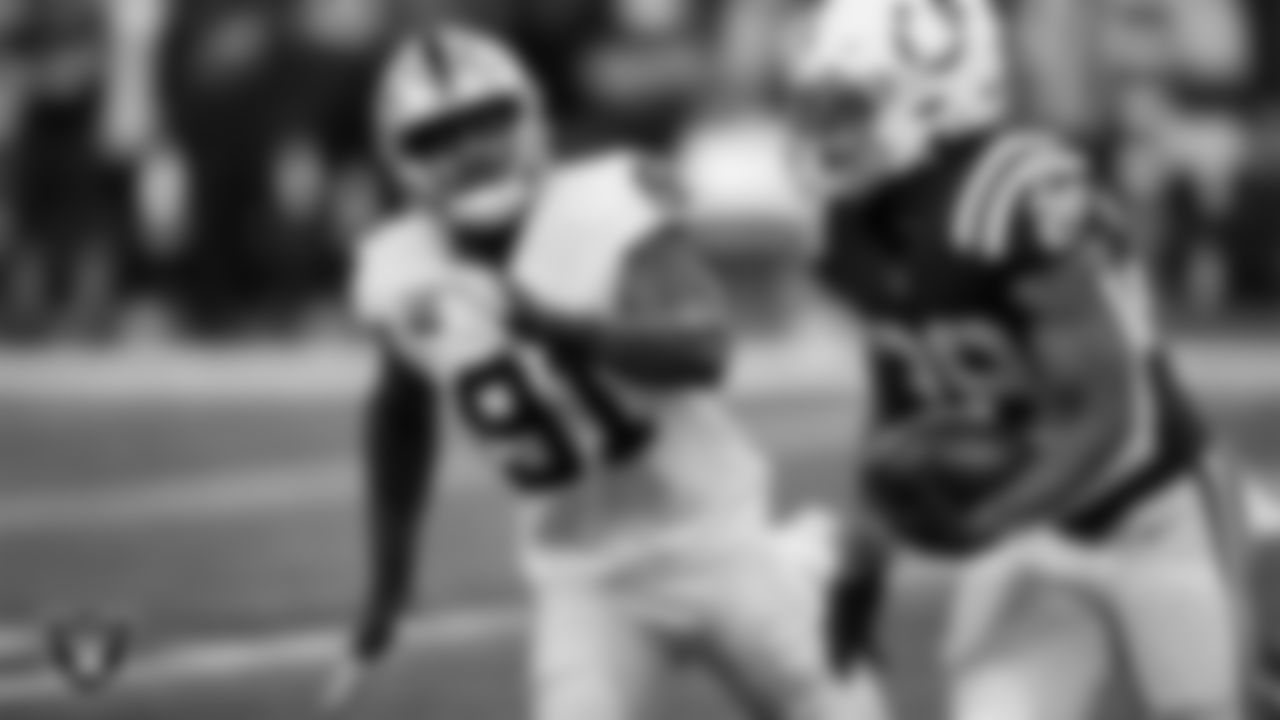 Las Vegas Raiders defensive end Yannick Ngakoue (91) defends during the regular season away game against the Indianapolis Colts.