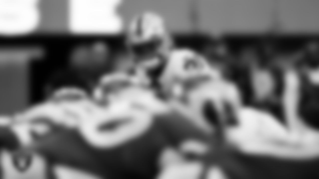 Las Vegas Raiders cornerback Amik Robertson lines up before the snap during the preseason away game against the Los Angeles Rams at Sofi Stadium.