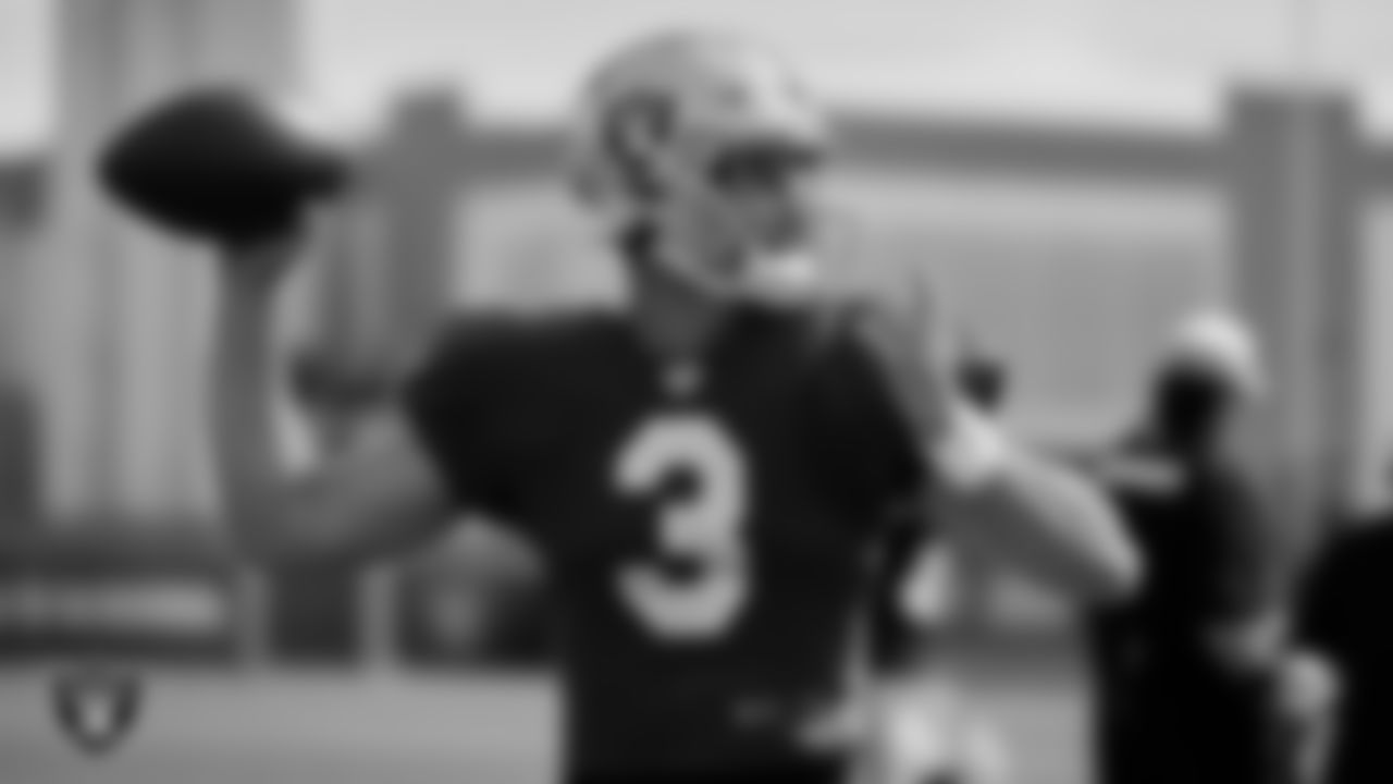Las Vegas Raiders quarterback Nathan Peterman (3) during practice at Intermountain Healthcare Performance Center.