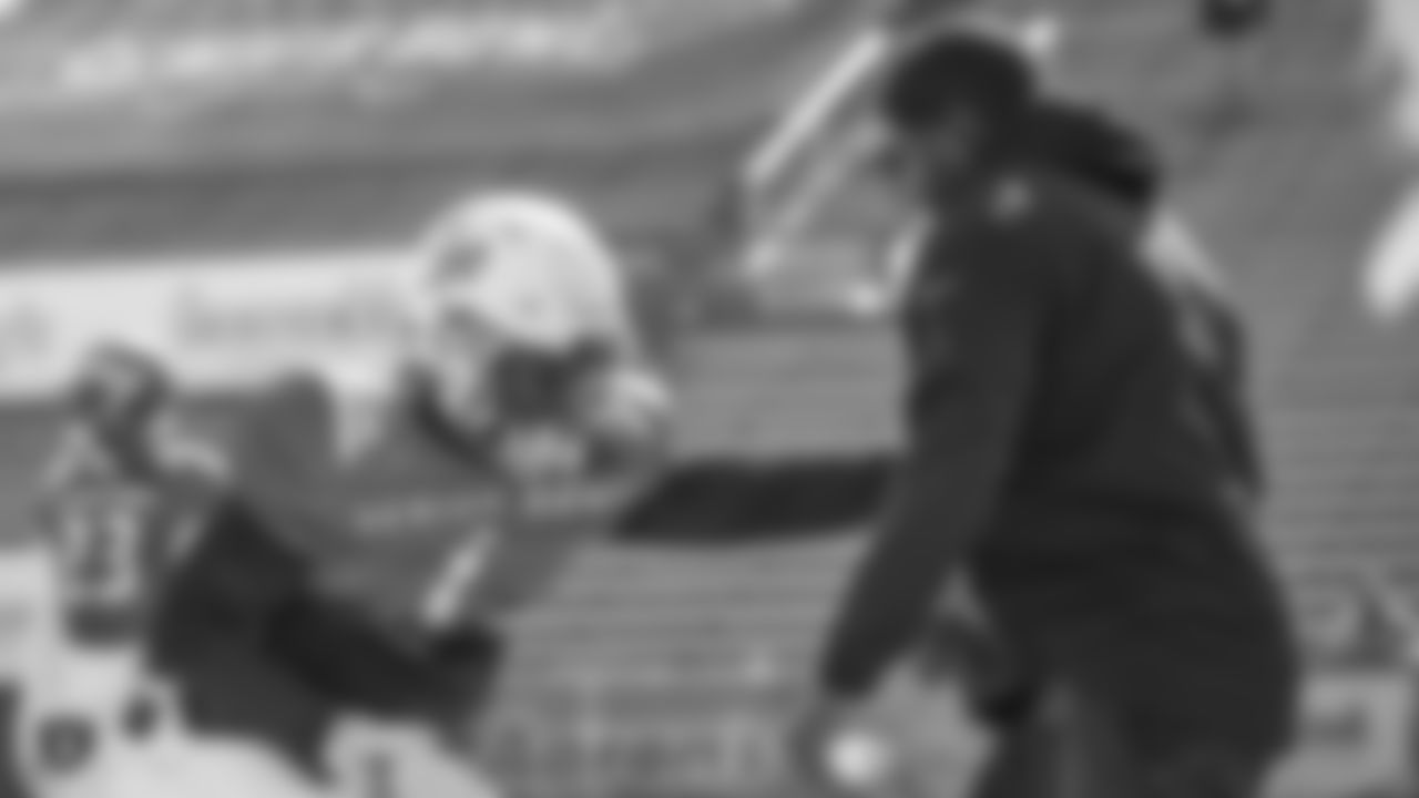 Washburn defensive center Corey Ballentine (1) and Oakland Raiders defensive backs coach Derrick Ansley at a practice on Day 3 of the 2019 Senior Bowl at Ladd-Peebles Stadium, Thursday, January 24, 2019, in Mobile, Alabama.