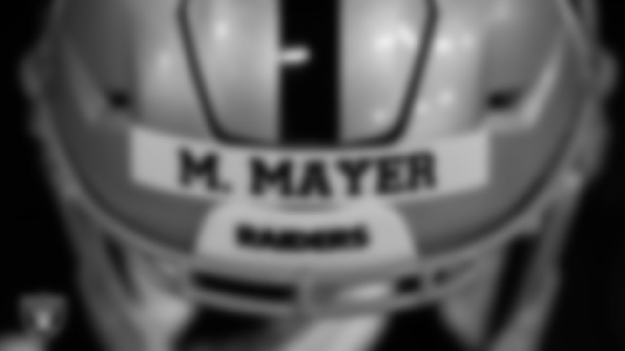 Las Vegas Raiders tight end Michael Mayer's helmet in the equipment room at Intermountain Health Performance Center before the start of the 2023 season Rookie Minicamp.