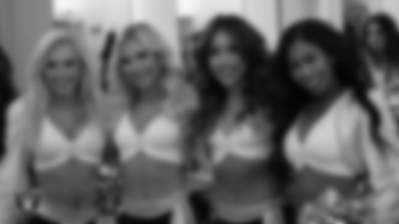 Raiderettess Claudia, Madison E., Lisa and Danielle in the locker room before the regular season home game against the Arizona Cardinals at Allegiant Stadium.