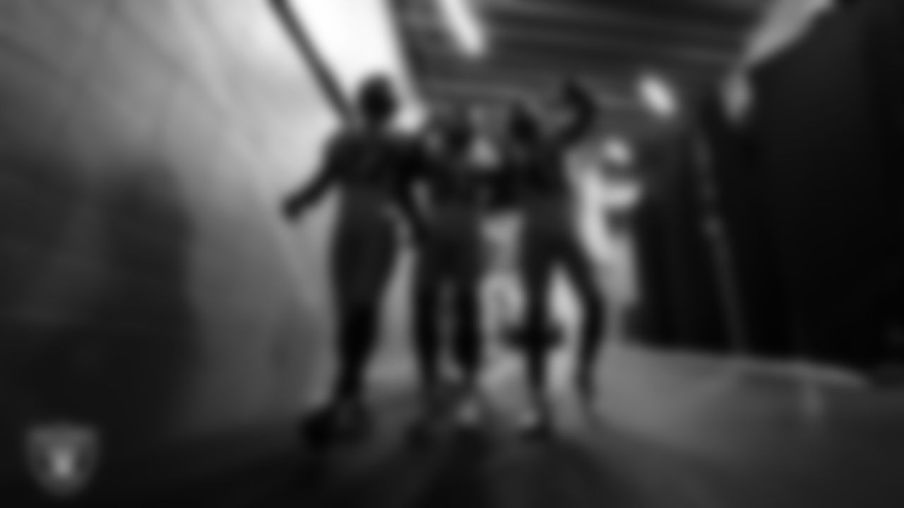 Las Vegas Raiders cornerback Sam Webb (27), safety Roderic Teamer (33) and safety Matthias Farley (41) walk down the tunnel before the regular season away game against the New Orleans Saints at Caesars Superdome.