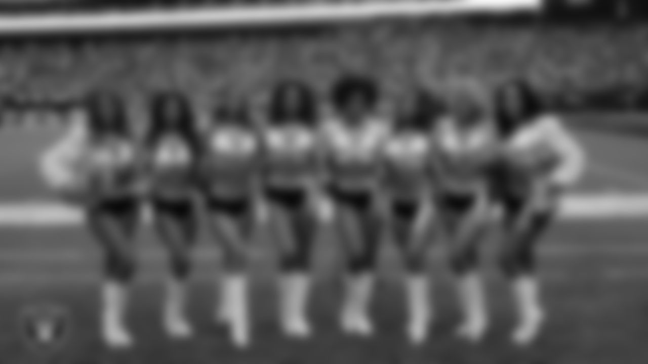 Raiderettess Bree, Kylee, Taylor, Alexis, Vicky, Katsura, Jennifer and Kylie on the sidelines during the regular season home game against the Arizona Cardinals at Allegiant Stadium.