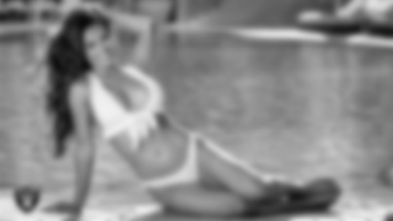 Raiderette Kristina poses for the 2021 Raiderettes Swimsuit Photoshoot at Vdara Hotel & Spa.