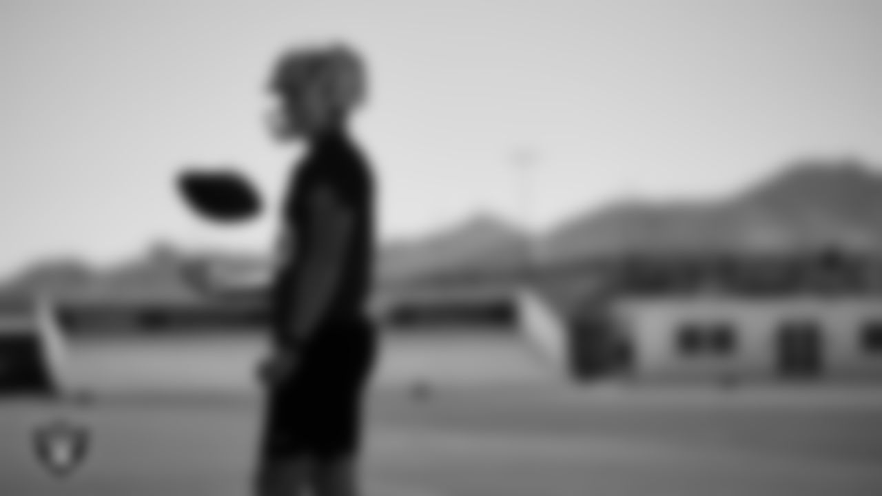 Las Vegas Raiders quarterback Chase Garbers (15) at an Organized Team Activity (OTA).