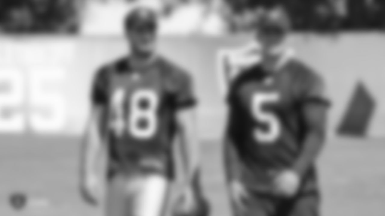 Oakland Raiders long snapper Andrew DePaola (48) with punter Johnny Townsend (5) on the field for practice at 2018 at the Oakland Raiders Practice Facility Saturday, September 8, 2018, in Alameda, California.