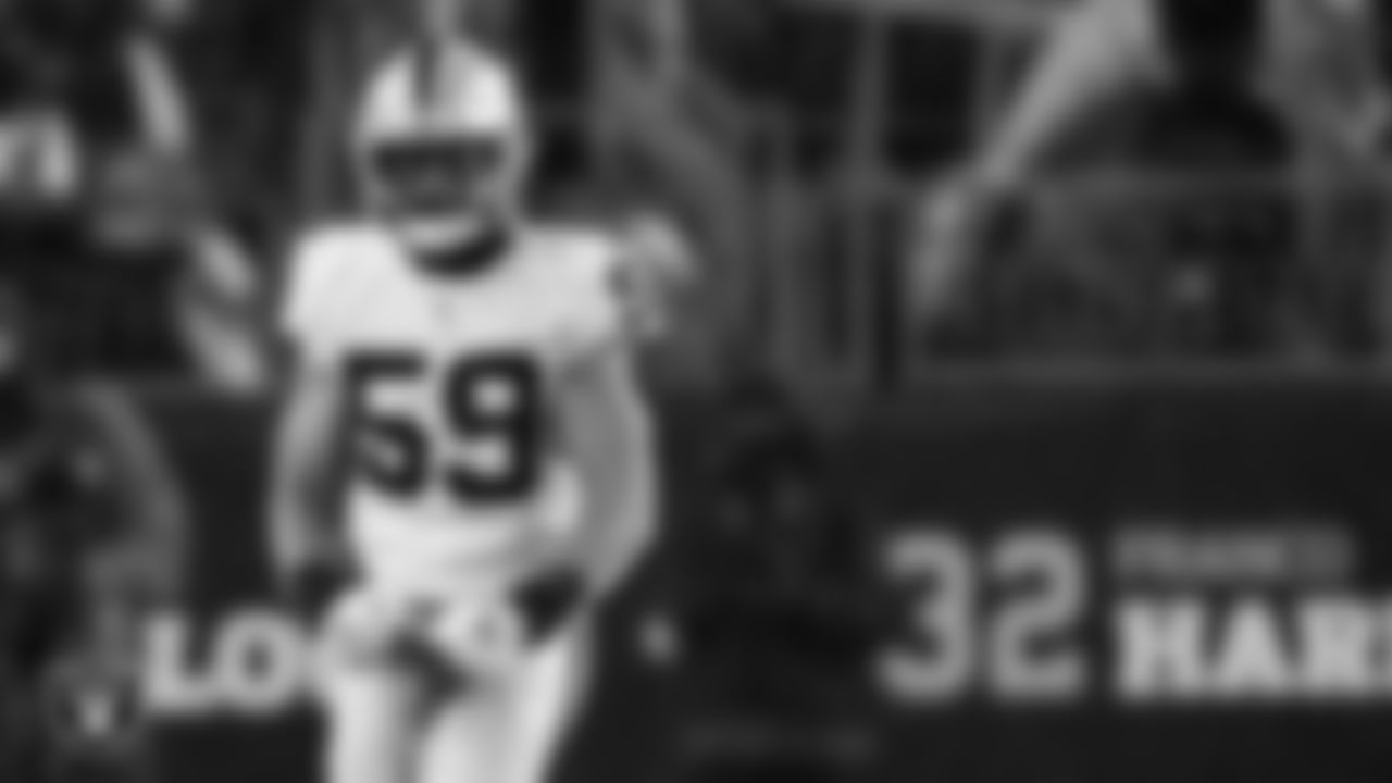 Las Vegas Raiders linebacker Luke Masterson (59) celebrates during the regular season away game against the Pittsburgh Steelers at Acrisure Stadium.