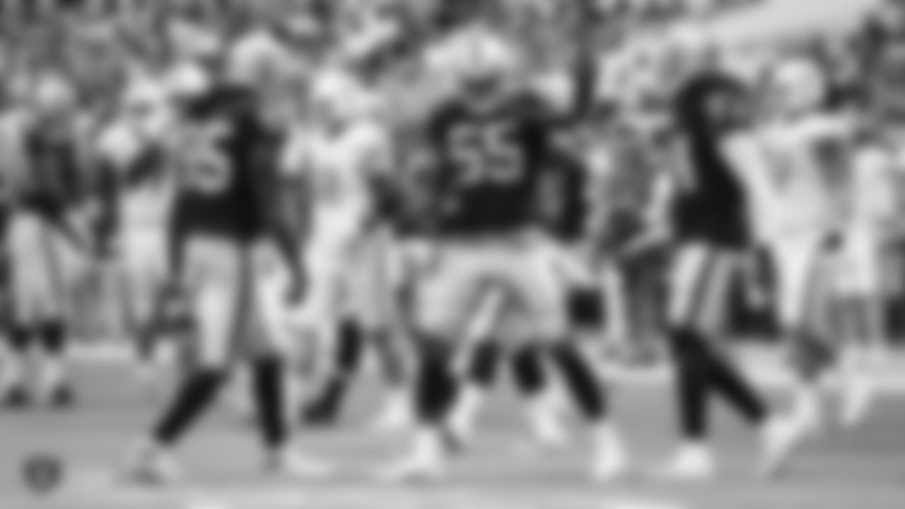 Oakland Raiders defensive end Fadol Brown (95), linebacker Marquel Lee (55), and linebacker Emmanuel Lamur (54)during The Oakland Raiders regular season game against the Miami Dolphins at Hard Rock Stadium, Sunday, September 23, 2018, in Miami Gardens, Florida. The Oakland Raiders lost 28-20.