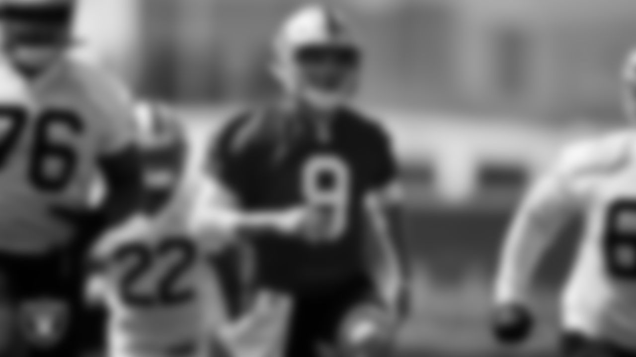 Las Vegas Raiders quarterback Nick Mullens (9) during Day One of 2022 Veteran Minicamp.