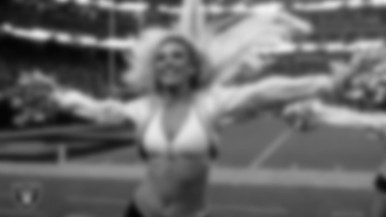 Raiderette Kelly performs on the sidelines during the regular season home game against the Kansas City Chiefs at Allegiant Stadium.
