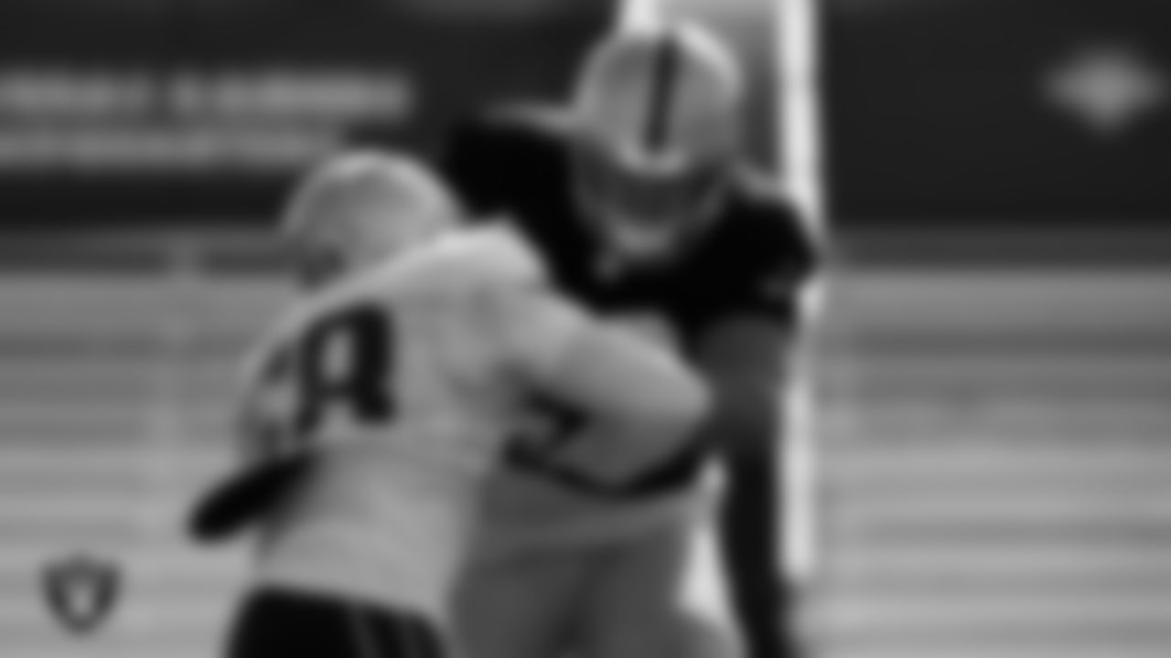 Las Vegas Raiders tackle Jackson Barton (78) on the field for a joint practice with the New England Patriots at 2022 Training Camp at Intermountain Healthcare Performance Center.