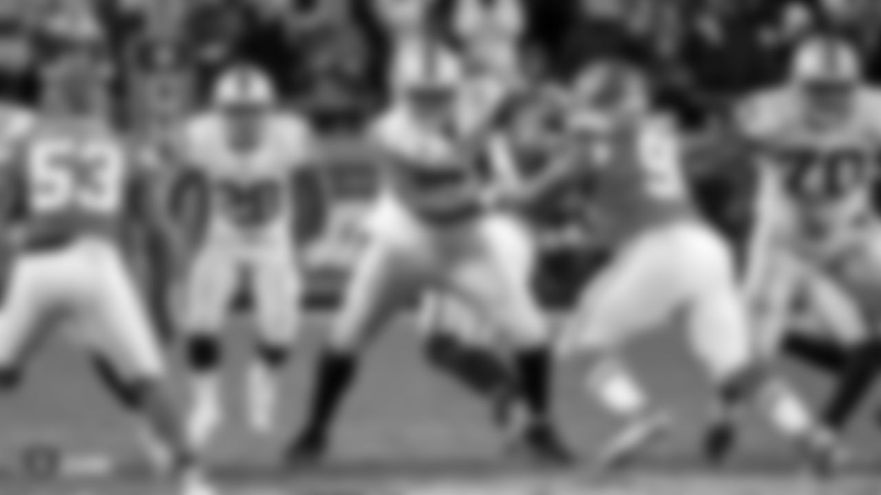 Oakland Raiders center Rodney Hudson (61) during the Oakland Raiders regular season game against the Kansas City Chiefs at Arrowhead Stadium, Sunday, December 30, 2018, in Kansas City, Missouri. The Oakland Raiders lost 35-3.