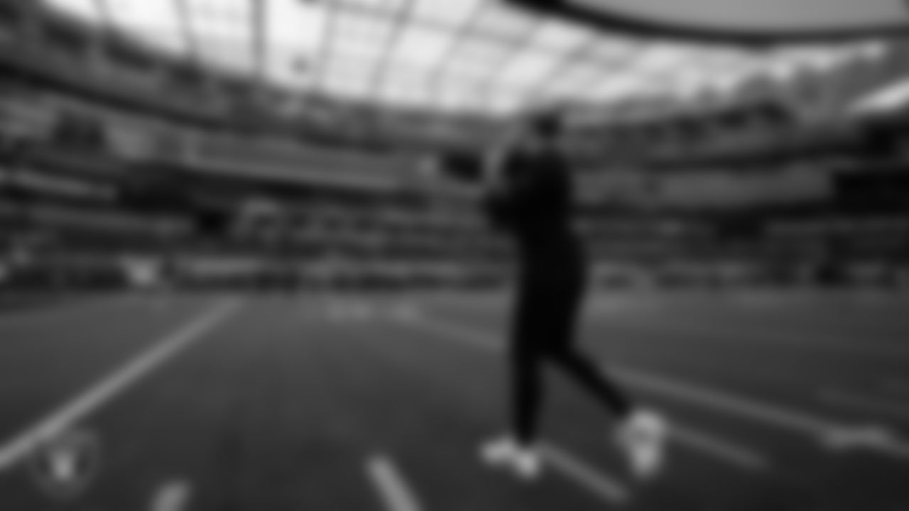 Las Vegas Raiders quarterback Jarrett Stidham (3) warming up before the regular season away game against the Los Angeles Rams at SoFi Stadium.
