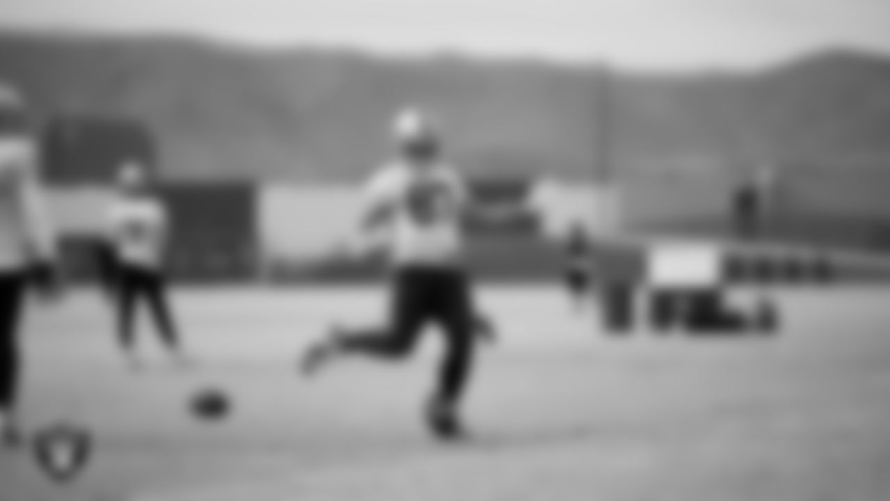 Las Vegas Raiders tight end Foster Moreau (87) during practice at Intermountain Healthcare Performance Center.