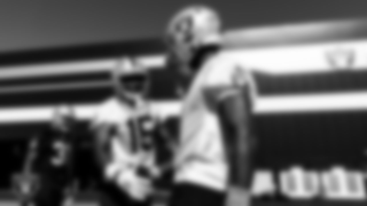 Las Vegas Raiders wide receiver Nelson Agholor (15) and wide receiver Henry Ruggs III (11) during practice.