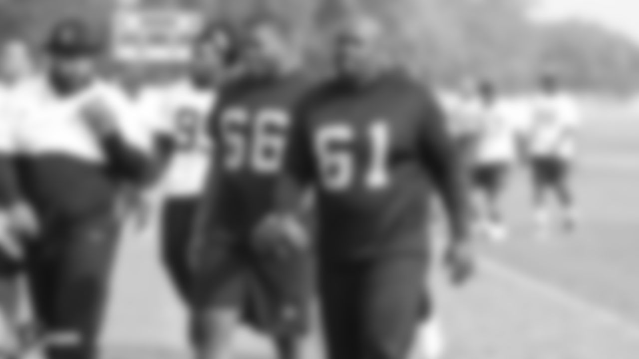 Oakland Raiders guard Gabe Jackson (66) and center Rodney Hudson (61) on the field for practice at the Oakland Raiders Practice Facility, Friday, November 9, 2018, in Alameda, California.