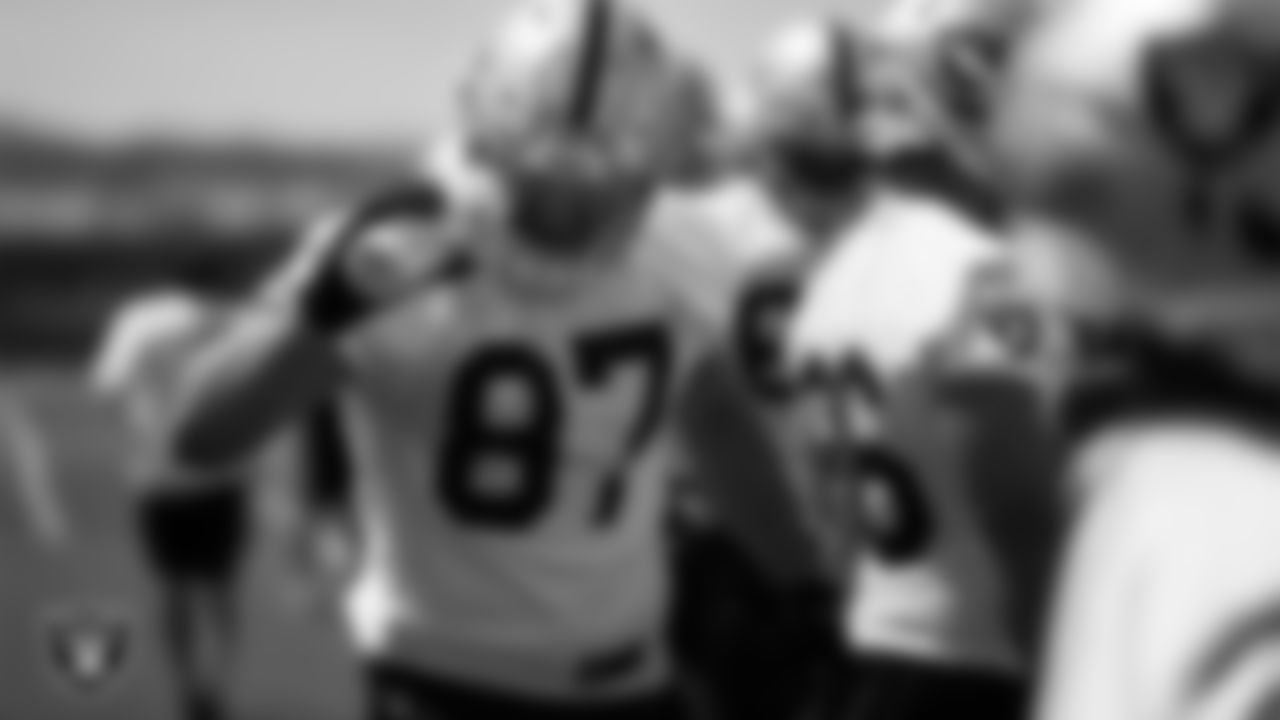Las Vegas Raiders tight end Michael Mayer (87) at an Organized Team Activity (OTA) at Intermountain Health Performance Center.