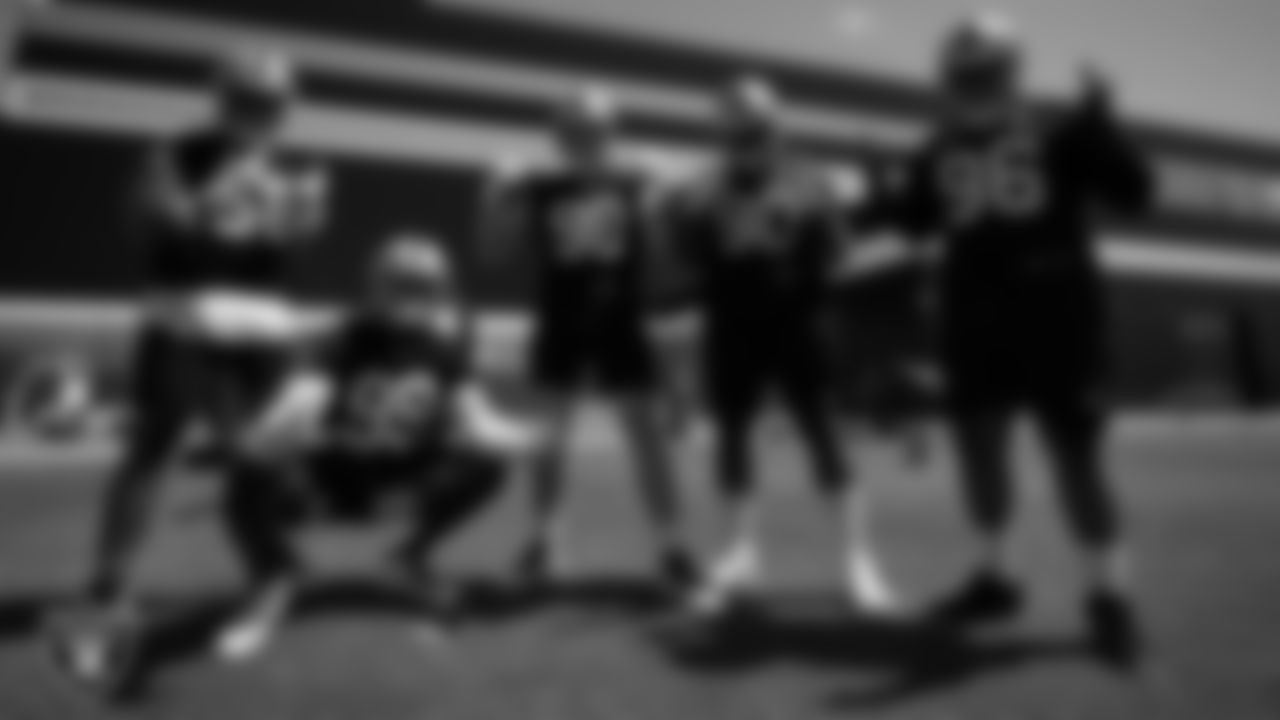 Las Vegas Raiders defensive tackle Matt Dickerson (56), defensive end Clelin Ferrell (99), defensive end Maxx Crosby (98), defensive tackle Johnathan Hankins (90) and defensive lineman Darius Philon (96) at an Organized Team Activity (OTA).