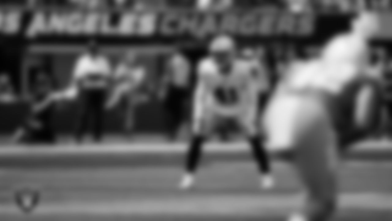 Las Vegas Raiders safety Matthias Farley (41) lines up before the kickoff during the regular season away game against the Los Angeles Chargers at SoFi Stadium.