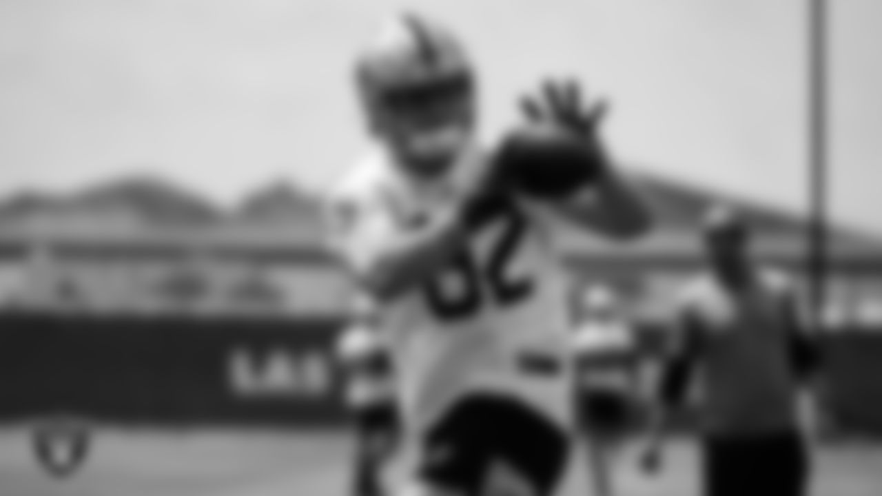 Las Vegas Raiders tight end Nick Bowers (82) at an Organized Team Activity (OTA).