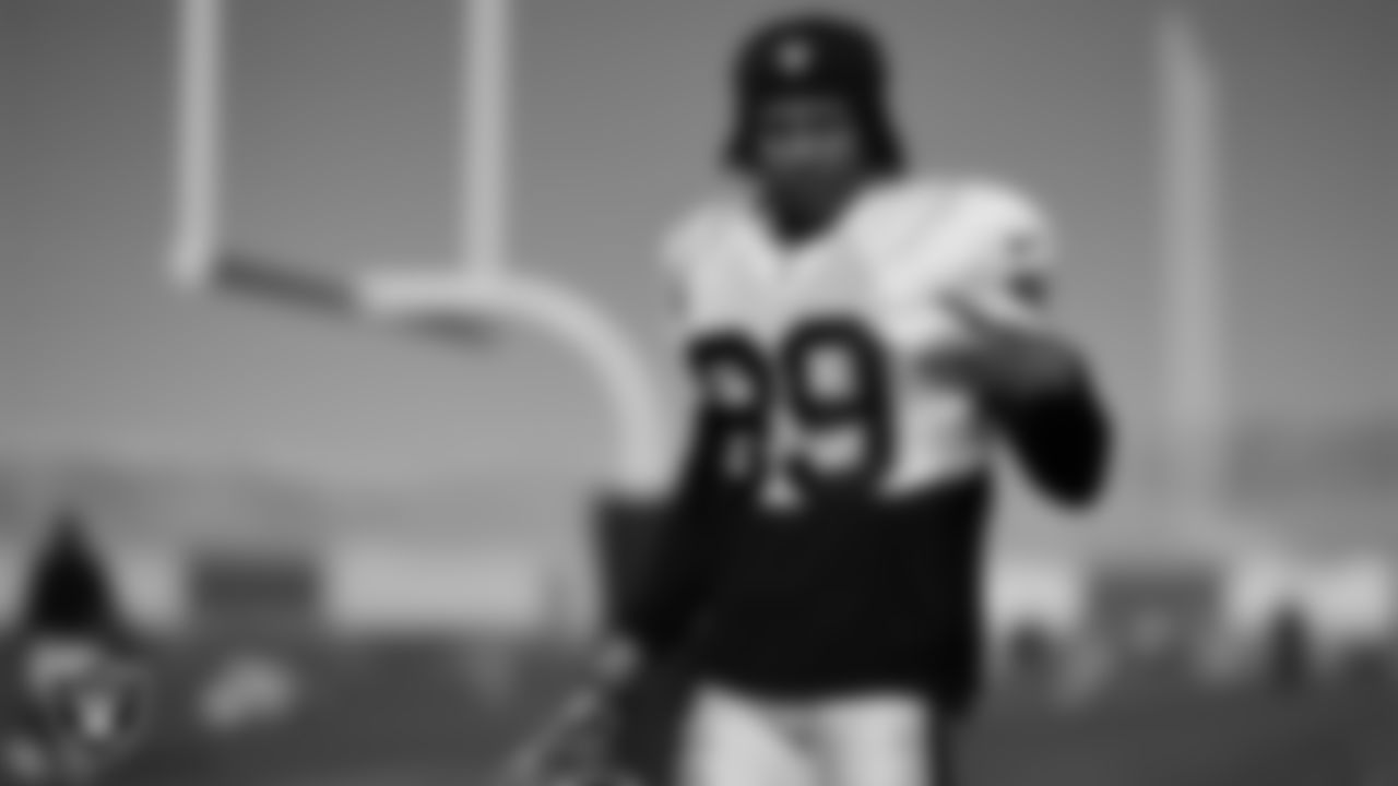 Las Vegas Raiders wide receiver Tre Tucker (89) on the field for practice at 2023 Training Camp at Intermountain Health Performance Center.