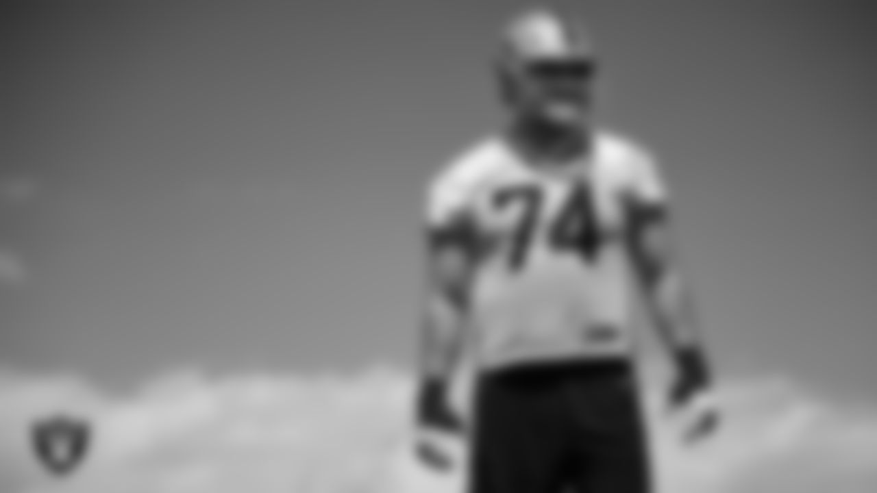 Las Vegas Raiders tackle Kolton Miller (74) during mandatory minicamp at Intermountain Health Performance Center.