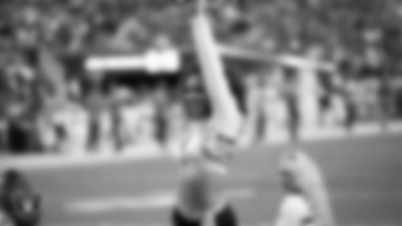 Raiderette Makenna P. performs on the field during the regular season home game against the Indianapolis Colts at Allegiant Stadium.