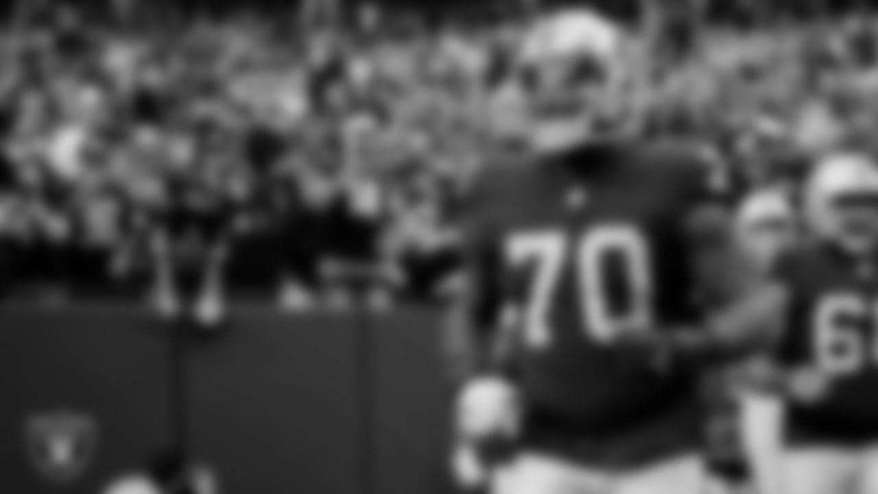 Las Vegas Raiders tackle Alex Leatherwood (70) warming up before the regular season home game against the Miami Dolphins.