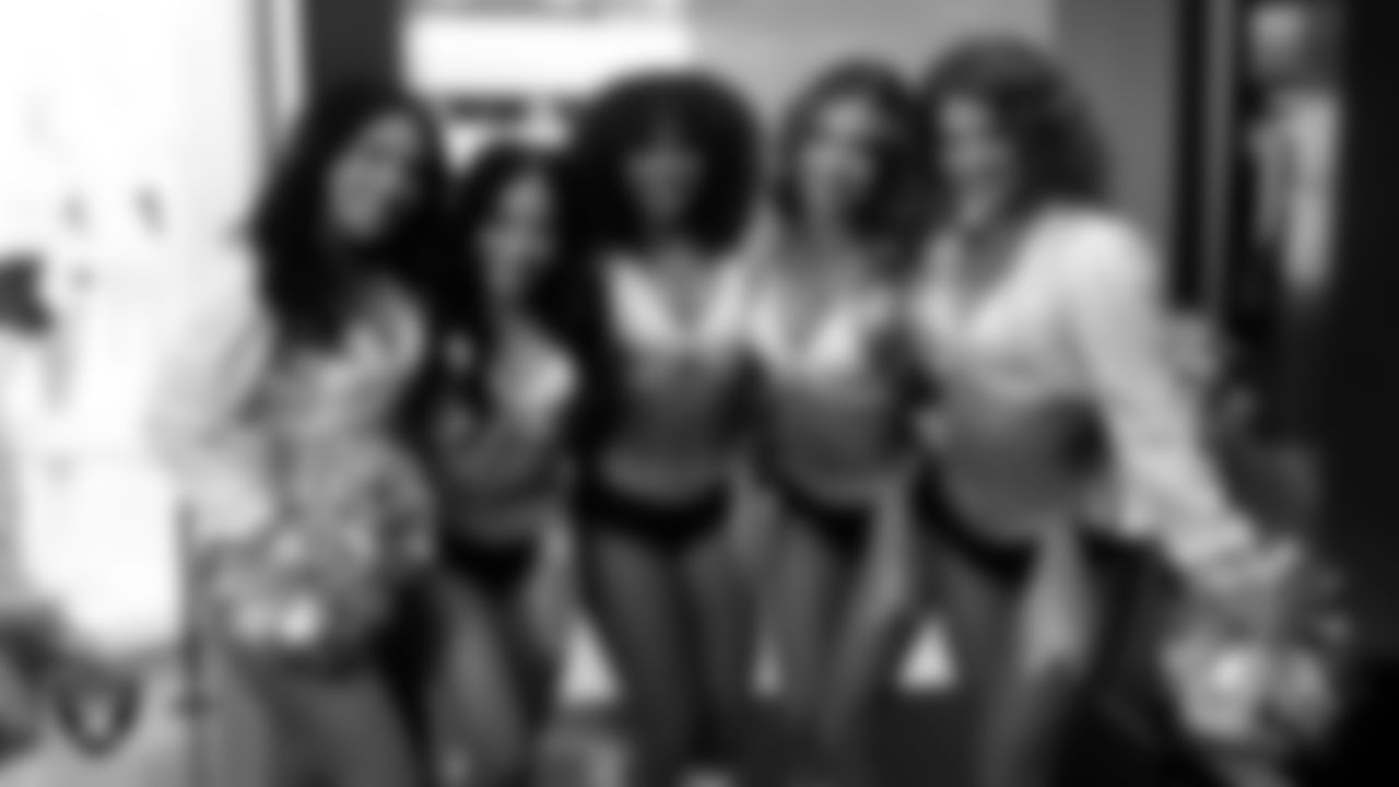 Raiderettes Cierra, Jenna, Makenna P., Maddie and Camille in the locker room before the regular season home game against the Green Bay Packers at Allegiant Stadium.