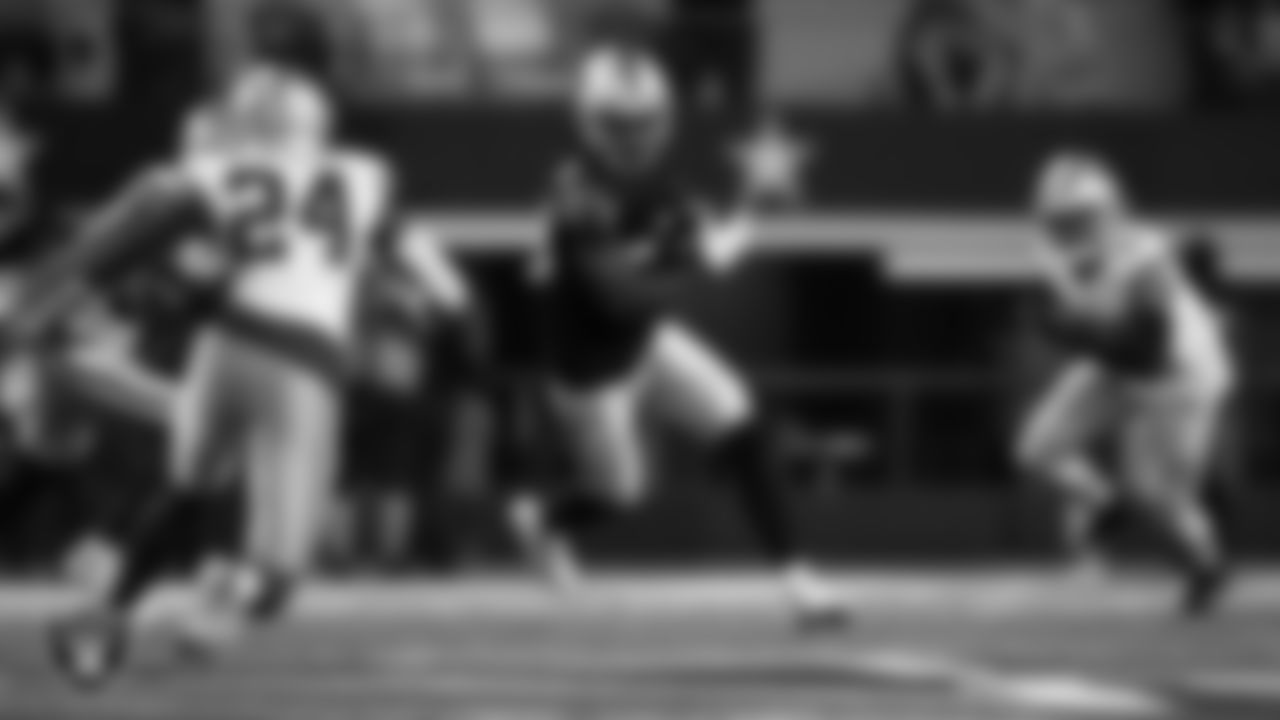 Las Vegas Raiders wide receiver Kristian Wilkerson (83) runs after making a catch during the preseason away game against the Dallas Cowboys at AT&T Stadium.
