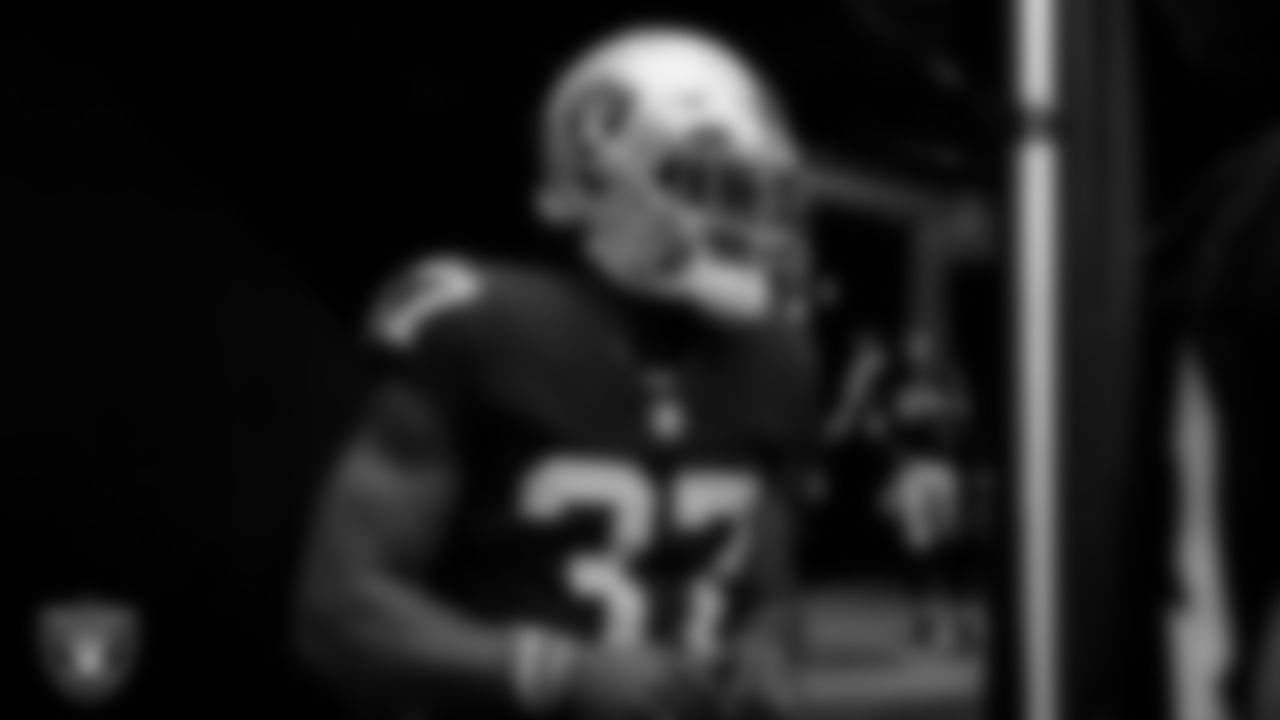 Las Vegas Raiders safety Tyree Gillespie (37) walks down the tunnel before the regular season home game against the Denver Broncos.