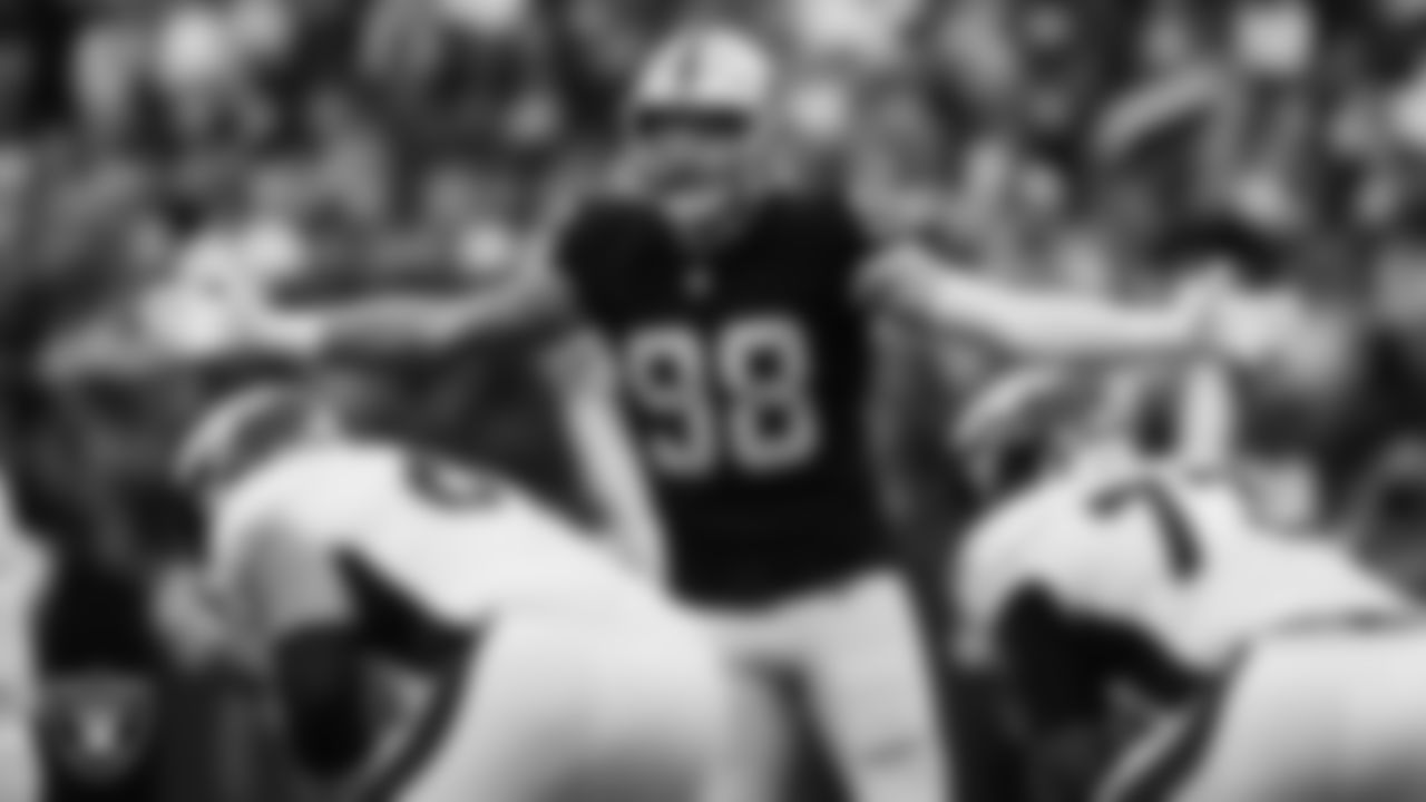 Las Vegas Raiders defensive end Maxx Crosby (98) on the field during the regular season home game against the Denver Broncos at Allegiant Stadium.