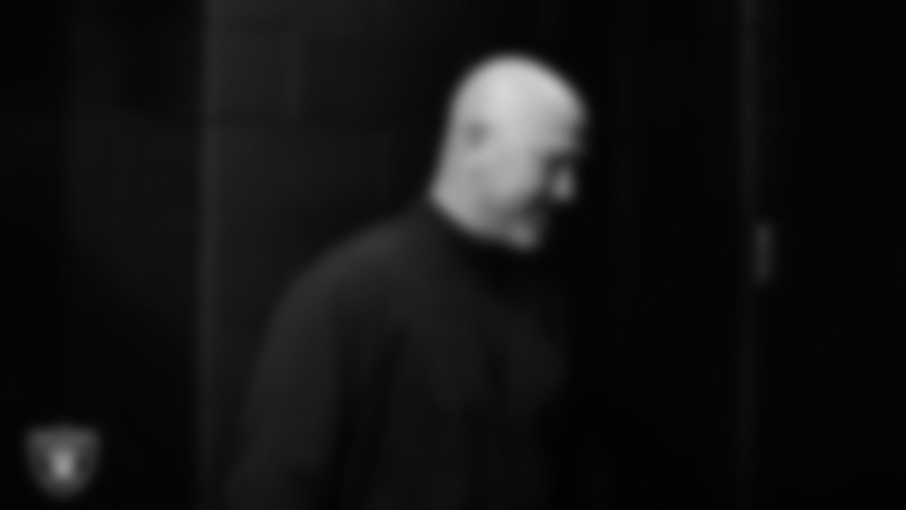 Las Vegas Raiders defensive coordinator Gus Bradley arrives to the regular season home game against the Denver Broncos.