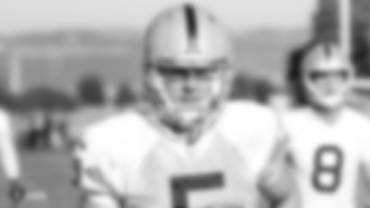Oakland Raiders punter Johnny Townsend (5) on the field for practice at the Oakland Raiders Practice Facility, Thursday, December 13, 2018, in Alameda, California.