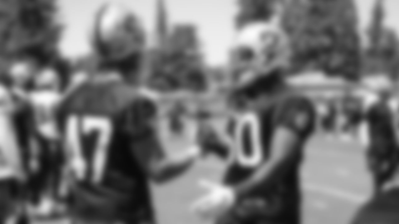Oakland Raiders defensive end James Cowser (47) and linebacker Nicholas Morrow (50) on the field for practice at 2018 Training Camp at The Oakland Raiders Napa Valley Training Complex, Friday, July 27, 2018, in Napa, California.