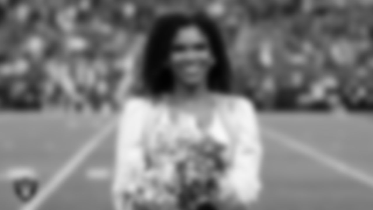 Raiderette Shayla on the sidelines during the regular season home game against the Los Angeles Chargers at Allegiant Stadium.
