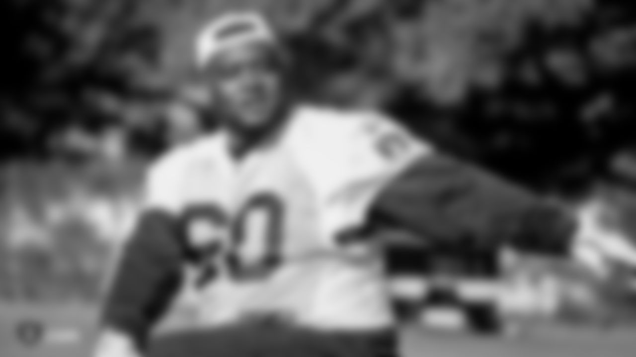 Raiders defensive tackle Anthony Rush (60) on the field for practice.