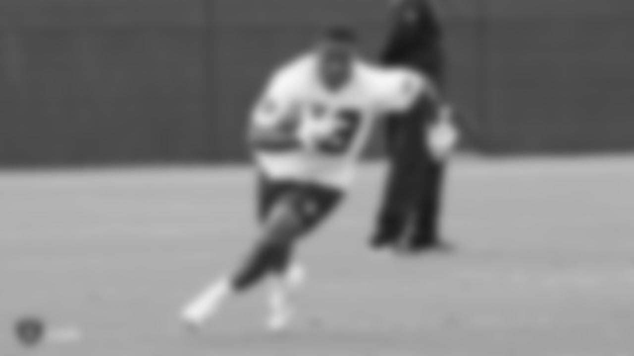 Raiders running back Josh Jacobs (28) at a workout during phase two of the offseason program at the Raiders Practice Facility in Alameda, Calif.