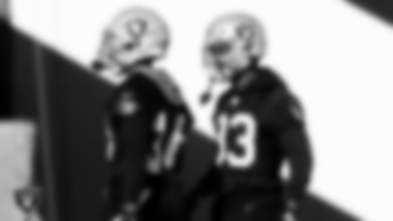 Las Vegas Raiders defensive back Kemah Siverand (34) and defensive back Rashaan Gaulden (33) during practice at Intermountain Healthcare Performance Center.