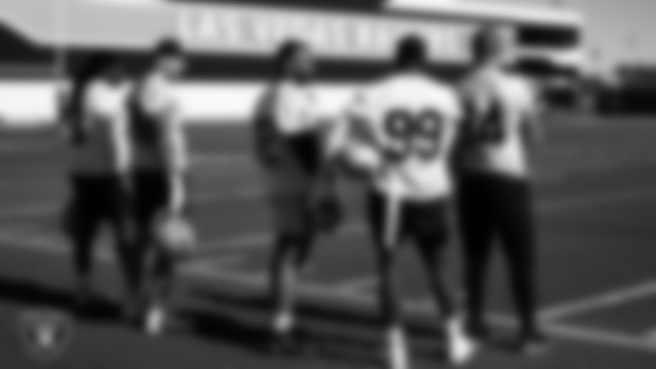 Las Vegas Raiders defensive lineman P.J. Johnson (54), defensive end Maxx Crosby (98), defensive tackle Solomon Thomas (92), defensive end Clelin Ferrell (99) and defensive end Carl Nassib (94) during practice at Intermountain Healthcare Performance Center.