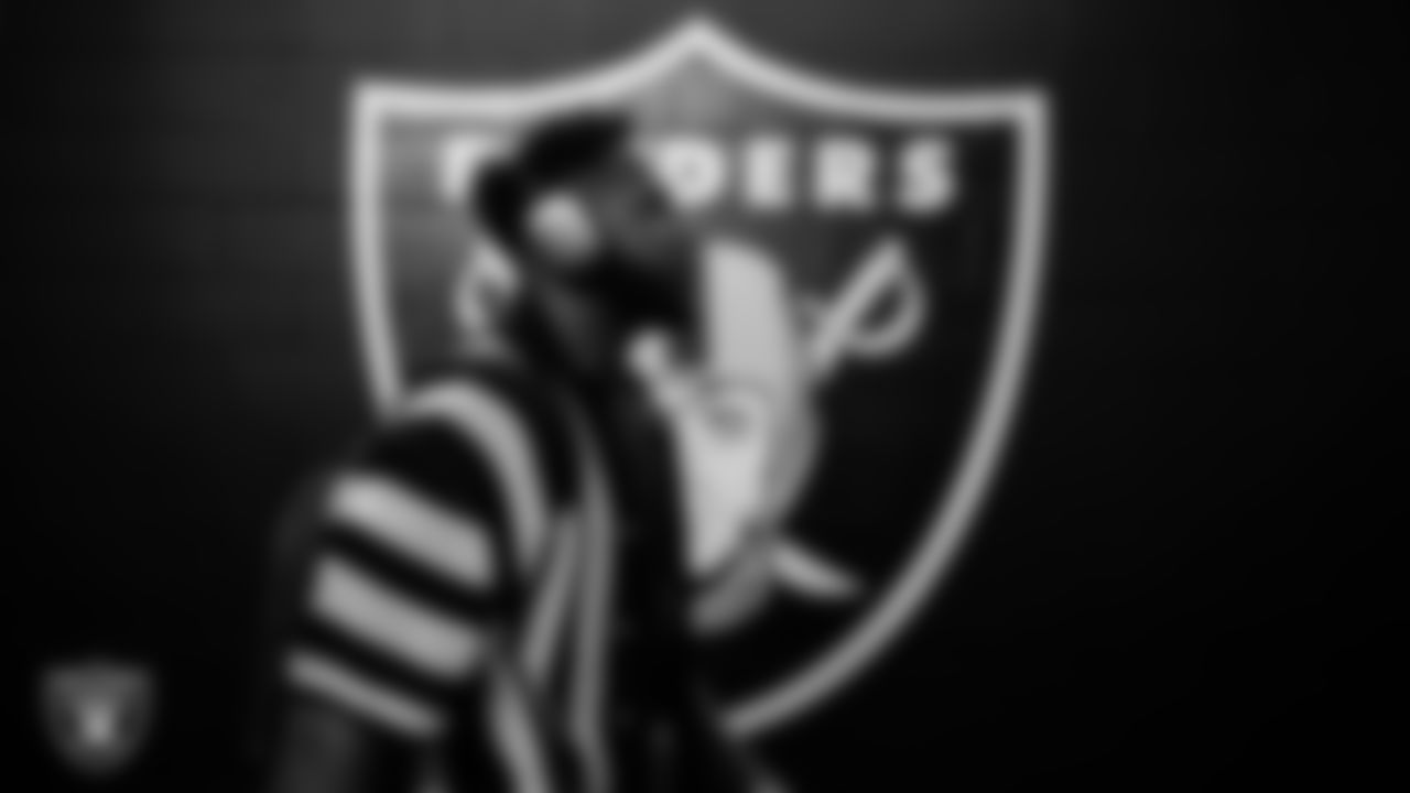 Las Vegas Raiders tackle Thayer Munford Jr. (77) arrives to the regular season home game against the Pittsburgh Steelers at Allegiant Stadium.
